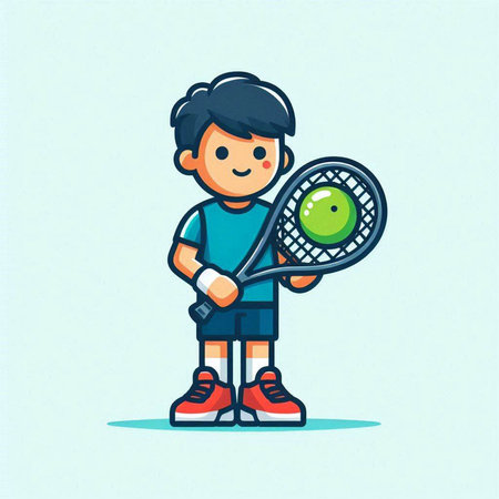 Boy with tennis racket and ball. Vector illustration in cartoon style.のイラスト素材