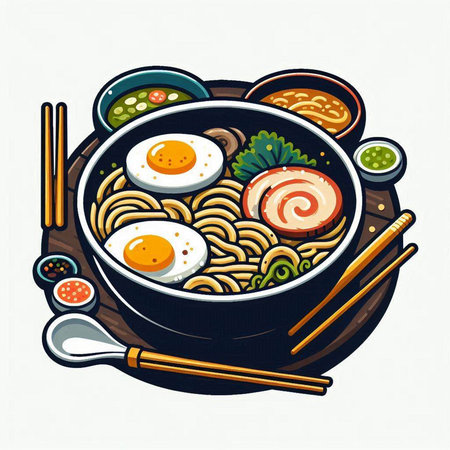 Illustration of Asian noodle soup with egg and vegetables in bowlのイラスト素材