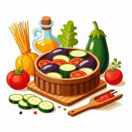 Vegetables in a wooden bowl and ingredients for cooking. Vector illustration.のイラスト素材