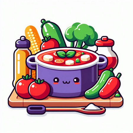 Vegetable soup in a pot. Vector illustration in cartoon styleのイラスト素材