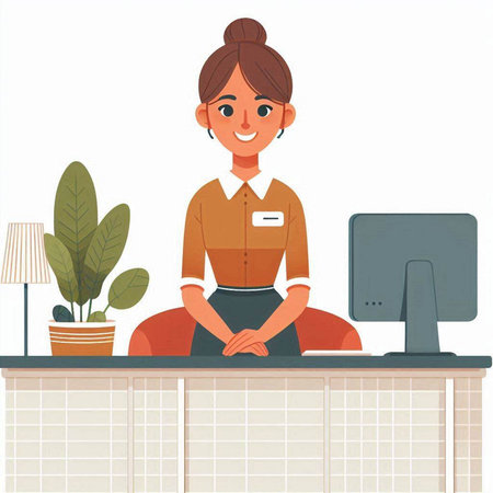 Female receptionist at office desk. Vector illustration in cartoon style.のイラスト素材