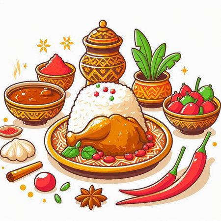 Illustration of traditional indian food - chicken, rice, vegetables and spicesのイラスト素材
