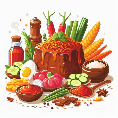 Illustration of a set of food ingredients for cooking on a white backgroundのイラスト素材