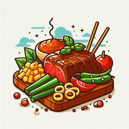 Illustration of grilled meat with vegetables and sauce. Vector illustration.のイラスト素材