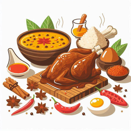 Baked chicken with rice and spices on a white background. Vector illustrationのイラスト素材