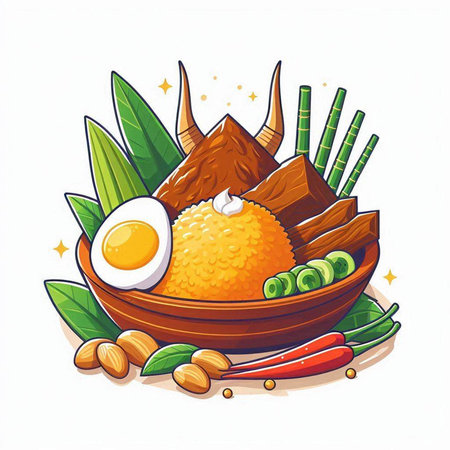 Illustration of Ramadhan food with rice, egg and vegetablesのイラスト素材
