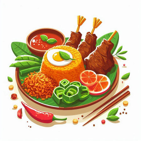 Illustration of traditional malaysian dish with chicken, rice and vegetablesのイラスト素材