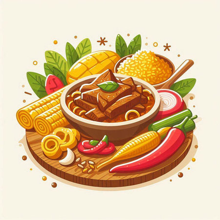 Bowl of beef stewed with rice and vegetables. Vector illustration.のイラスト素材