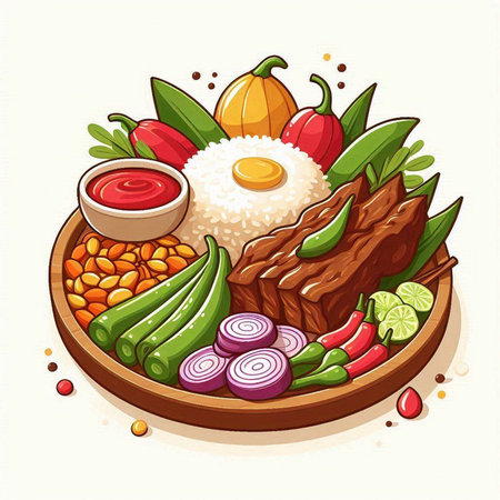 Steak and vegetables on a plate. Vector illustration in cartoon style.のイラスト素材