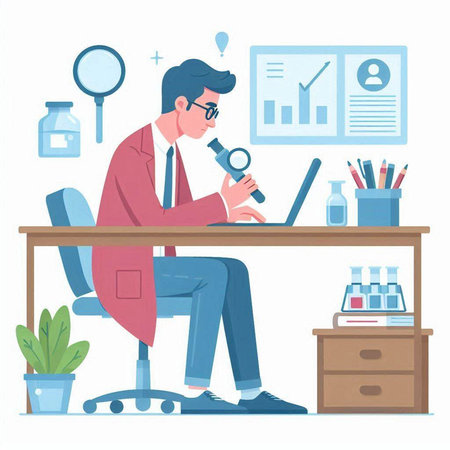 Businessman with magnifying glass working in office. Vector illustration in flat styleのイラスト素材