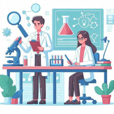Scientist man and woman working in laboratory. Chemistry, biology, medicine concept. Vector illustration in cartoon styleのイラスト素材