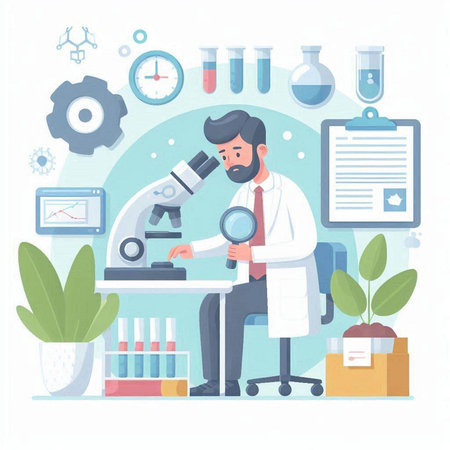 Scientist with a microscope in the laboratory. Vector illustration in flat styleのイラスト素材
