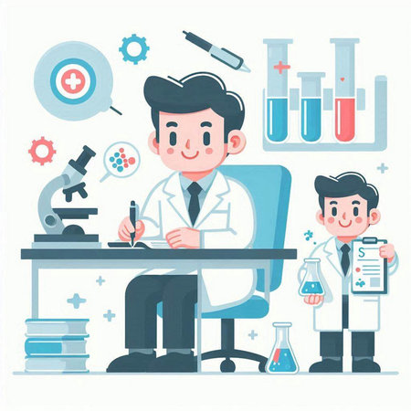 Male scientist working at the laboratory with microscope, test tubes, test tubes and microscope. Vector illustration.のイラスト素材