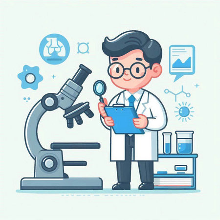Vector illustration of a scientist holding a clipboard and looking through a microscopeのイラスト素材
