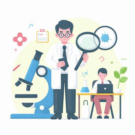 Vector illustration of scientist working in laboratory with microscope, test tube, test tube, laptop and human character.のイラスト素材