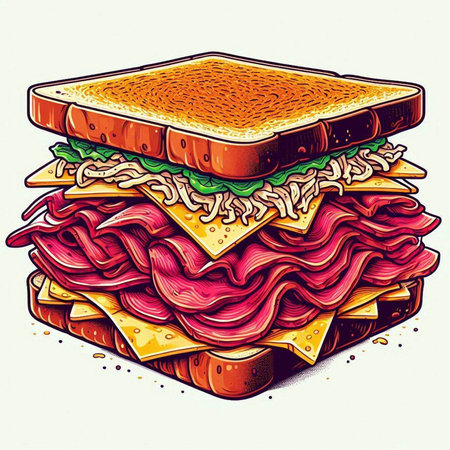 Illustration of a sandwich with ham, cheese, tomato and lettuceのイラスト素材