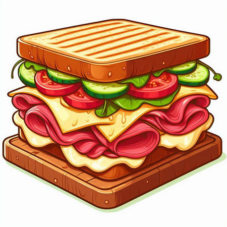 Sandwich with ham, cheese and vegetables on a white background.のイラスト素材
