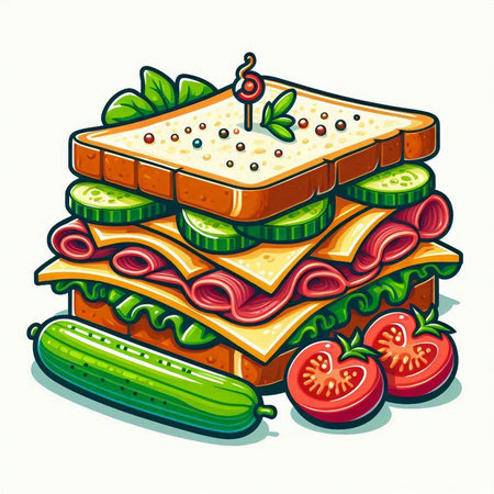 Sandwich with ham, cheese, tomato, cucumber and lettuceのイラスト素材