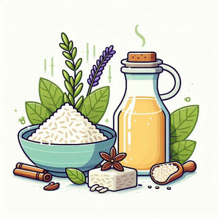 Vector illustration of a set of ingredients for cooking: rice, oil, herbs and spicesのイラスト素材
