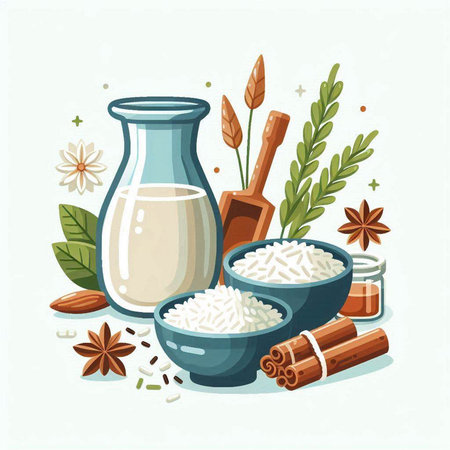 Illustration of different types of rice and milk. Vector illustration.のイラスト素材