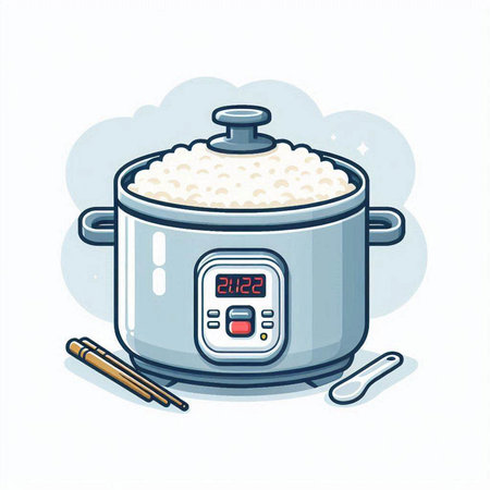 Illustration of rice cooker, rice bowl and rice bowl in flat styleのイラスト素材
