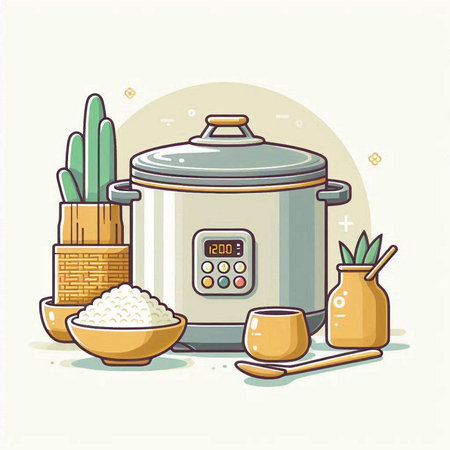 Illustration of rice cooker, rice bowl and chopsticks. Vector illustration.のイラスト素材