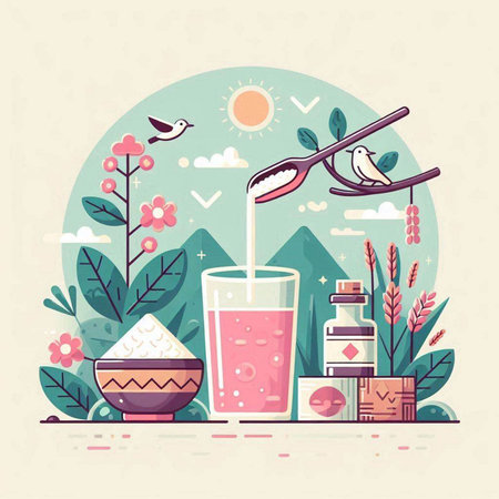 Vector illustration of a healthy breakfast in a flat style. A glass of juice, a spoon with a spoon, a bowl with honey, a bottle of oil and a bird on a background of flowers.のイラスト素材
