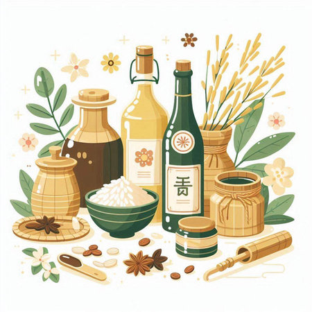 Olive oil and spices. Vector illustration in flat cartoon style.のイラスト素材