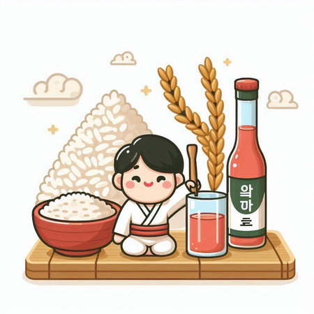 Illustration of a boy and a bowl of rice and a bottle of sakeのイラスト素材
