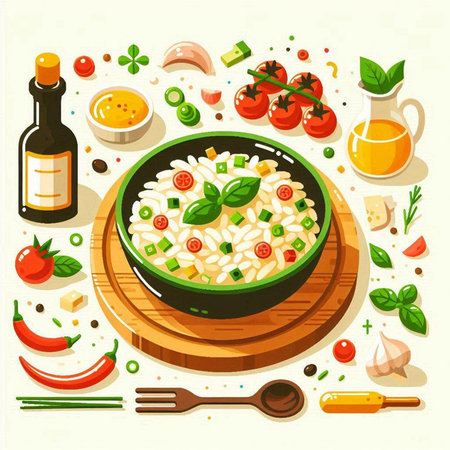 Risotto with tomatoes, olives, basil and parmesan. Italian cuisine. Vector illustrationのイラスト素材