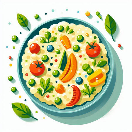 Rice in bowl with spoon and oil. Hand drawn vector illustration.のイラスト素材