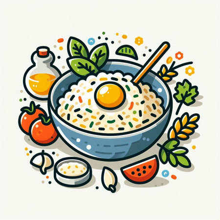 Illustration of a bowl of oatmeal with egg, tomato and basilのイラスト素材