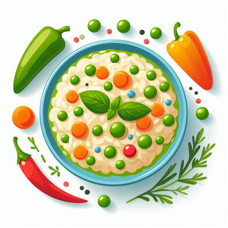 Risotto with vegetables and herbs in a bowl. Vector illustrationのイラスト素材