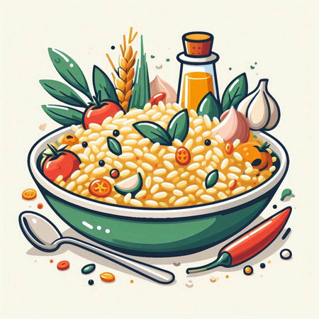 Risotto with vegetables and spices in bowl. Vector illustration.のイラスト素材