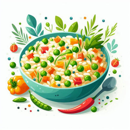 Risotto with green peas, carrots, peppers and herbs in a bowl. Vector illustration.のイラスト素材