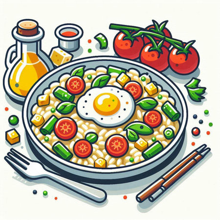 Illustration of fried egg with rice and vegetables in a frying panのイラスト素材