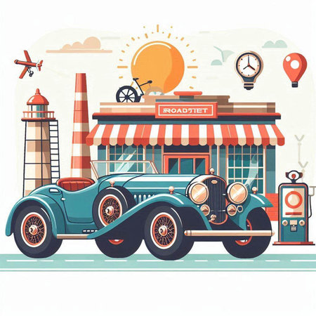 Retro car in the city. Vector illustration in flat style.のイラスト素材