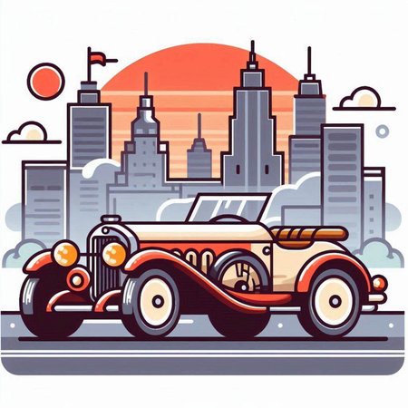 Retro car on the city street at sunset. Vector illustration.のイラスト素材