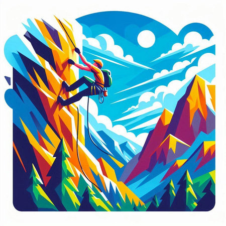Vector illustration of a climber on the background of the mountains.のイラスト素材