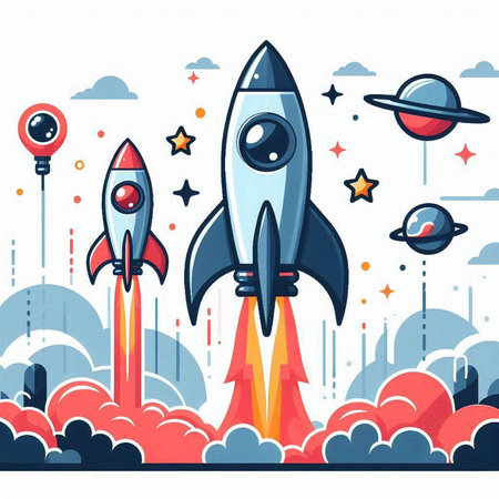 Rocket launch concept. Vector illustration in flat cartoon style. Design for banner, poster or print.のイラスト素材