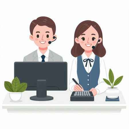 Business man and woman working in call center. Vector illustration isolated on white background.のイラスト素材