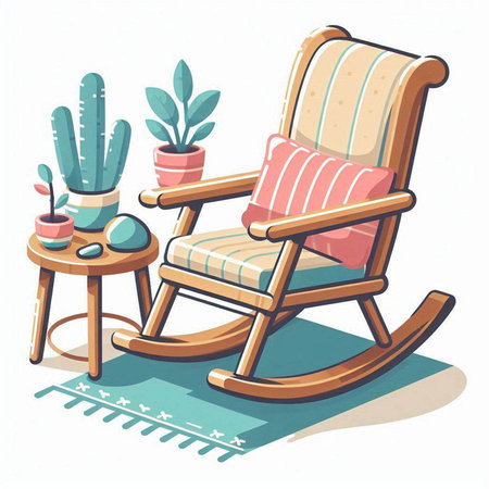 Vector illustration of a rocking chair with a pillow and a flower pot.のイラスト素材