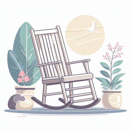 Vector illustration of rocking chair in the garden with plants and flowers.のイラスト素材