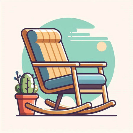 Wooden rocking chair with a potted plant. Vector illustration.のイラスト素材