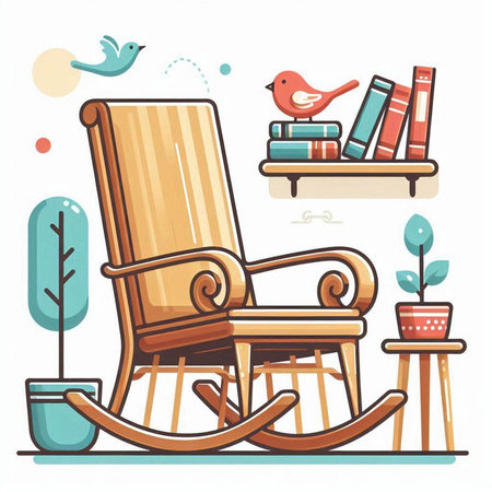 Vector illustration of rocking chair, bookshelf with books, bird and plant.のイラスト素材