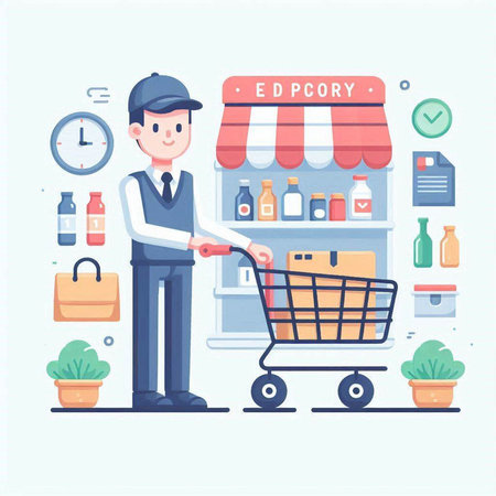E-commerce concept in flat design. Vector illustration of a man with a shopping cart.のイラスト素材