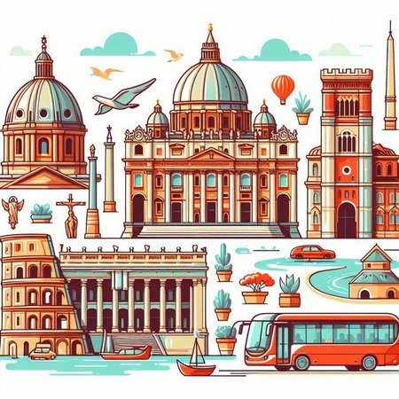 Traveling in Italy. St. Peters Basilica, Palermo Cathedral, Piazza della Repubblica and other landmarks. Vector illustrationのイラスト素材