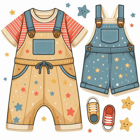 Vector set of children's overalls, shorts, sneakers, socks.のイラスト素材