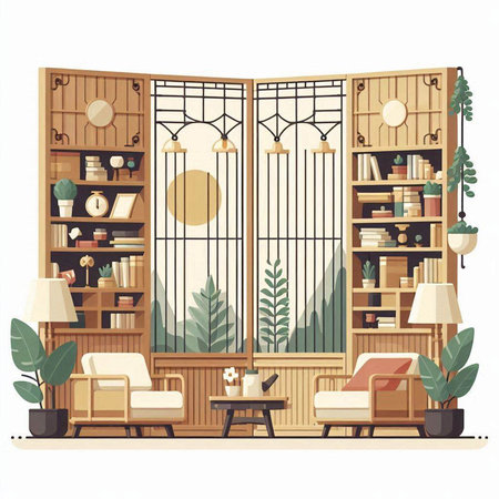 Vector illustration of a living room interior with bookshelves, armchairs, coffee table and plants.のイラスト素材