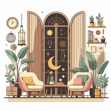 Interior design of cozy living room with furniture, armchairs, coffee table, bookshelf, nightstands, nightstands, nightstands, lamps, nightstands. Vector illustration.のイラスト素材